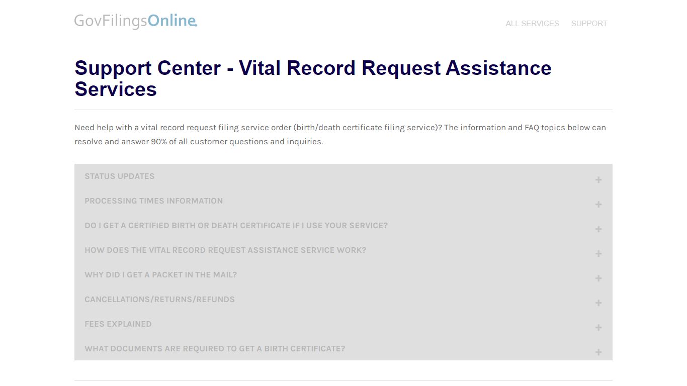 Vital Records Contact Us - Support Center - GovFilingsOnline